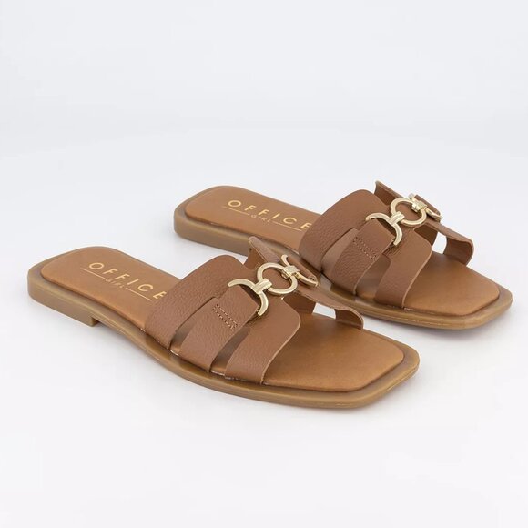 new OFFICE Salvador Gold Trim Slides Tan Leather Upper and LINING! 2T7 - Picture 1 of 6